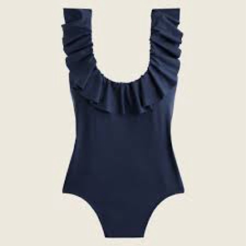 J. Crew Navy Ruffle Scoopneck One-Piece Swimsuit Sz 8